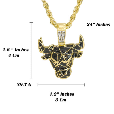 Black & Gold Bull Pendant 24" Rope Chain Hip Hop 18k Jewelry