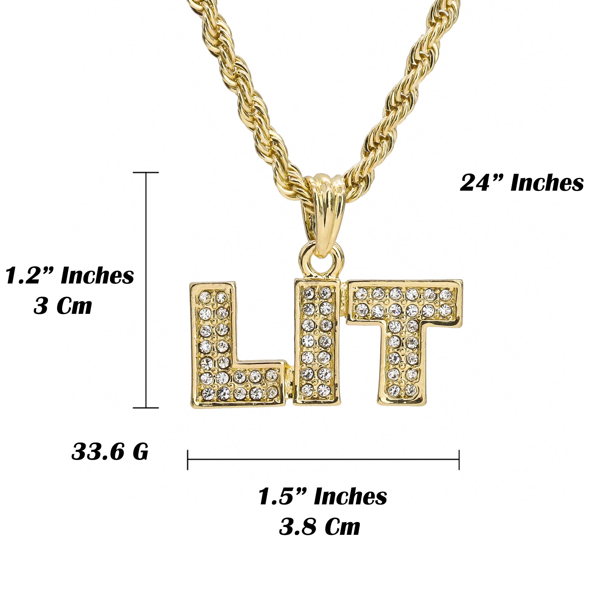 LIT Pendant 18K 24" Rope Chain Hip Hop Jewelry