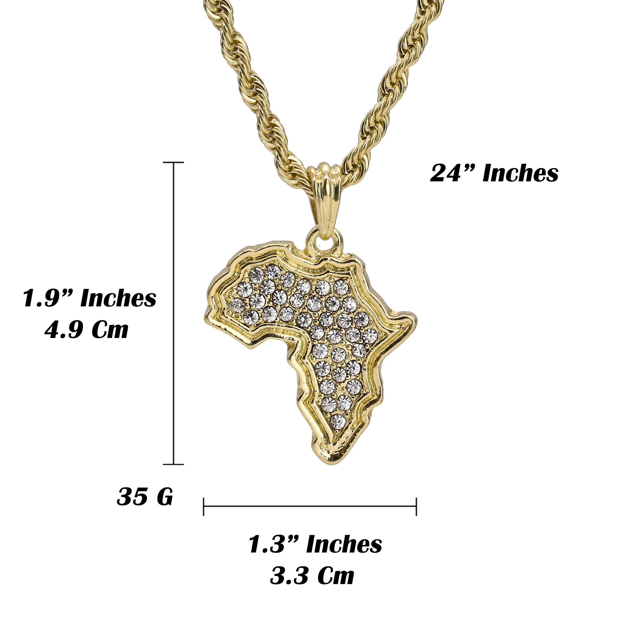 Cz Africa Pendant 18K 24" Rope Chain Hip Hop Jewelry
