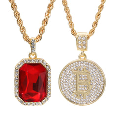 Gold Plated Red Stone & Iced Bitcoin Pendant Cubic-Zirconia Rope Chain