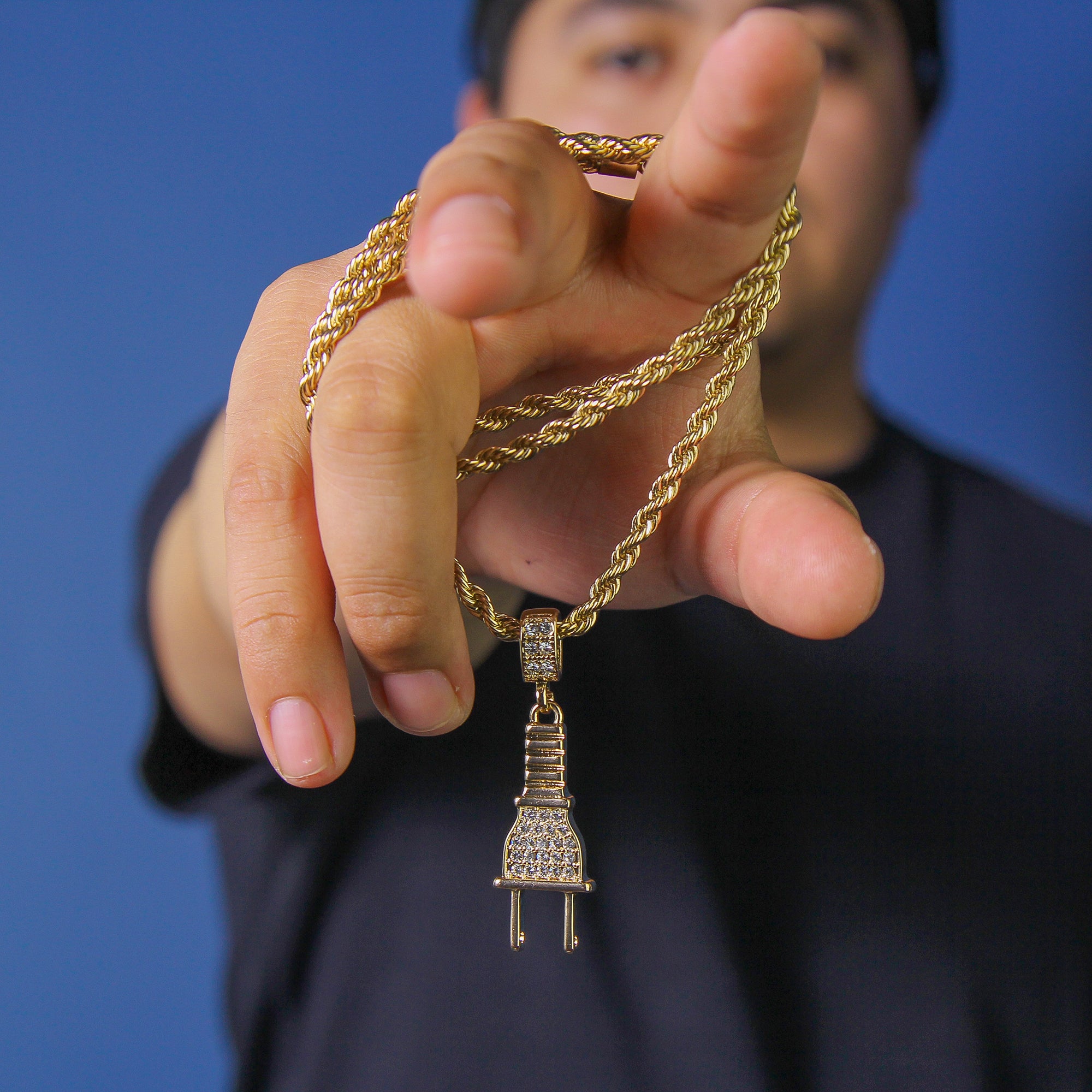Cz Thin Plug Pendant 24" Rope Chain Men's Hip Hop Style 18k Jewelry Necklace
