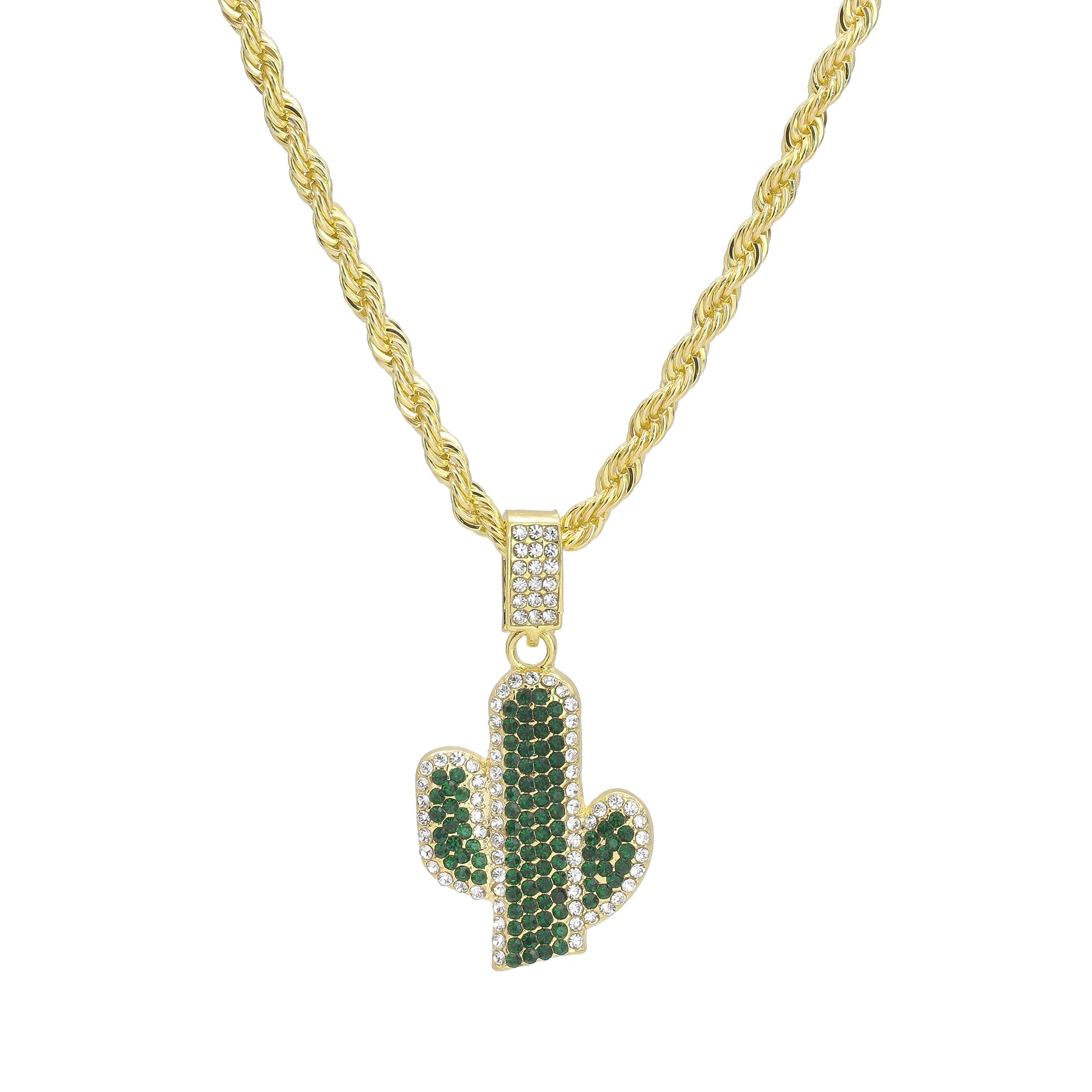 Green Cactus Cz Pendant Rope Chain Men's Hip Hop 18k Cz Jewelry