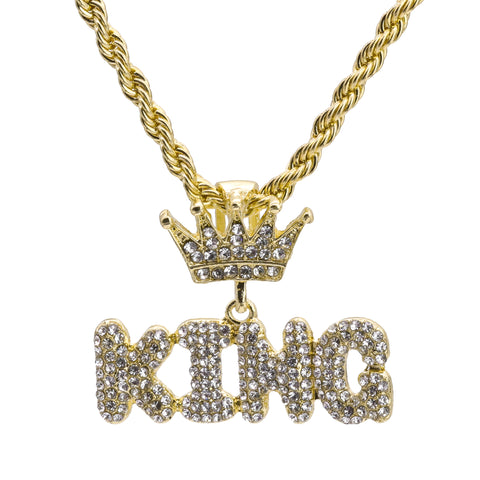 Crown Hook King Word Pendant 24" Rope Chain Hip Hop Style 18k Gold Plated