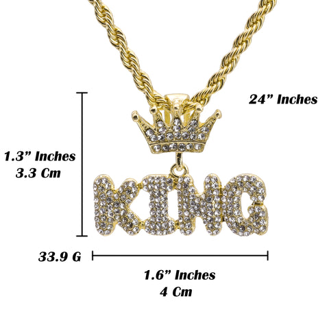 Crown Hook King Word Pendant 24" Rope Chain Hip Hop Style 18k Gold Plated