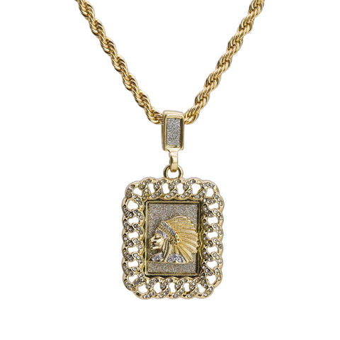 Cz Chief Head Frame Pendant 24" Rope Chain Hip Hop Style 18k Gold Plated
