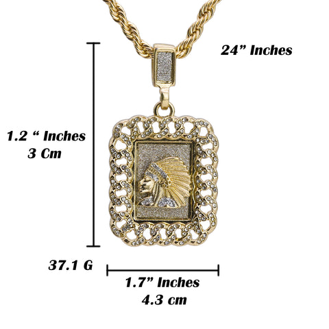 Cz Chief Head Frame Pendant 24" Rope Chain Hip Hop Style 18k Gold Plated