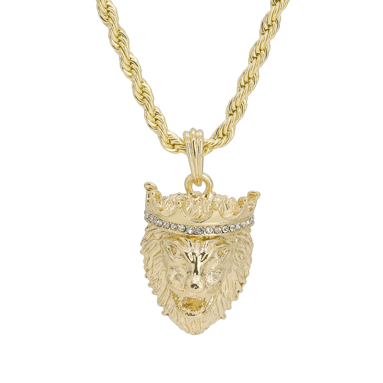 Cz Crowned Lion Face Pendant 24" Rope Chain Hip Hop 18k Jewelry
