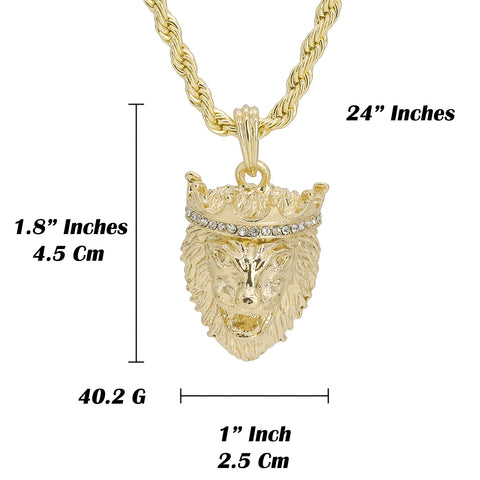 Cz Crowned Lion Face Pendant 24" Rope Chain Hip Hop 18k Jewelry