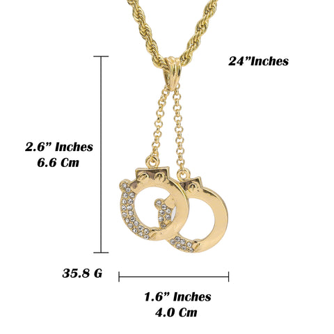 Cz Handcuffs Pendant 18K 24" Rope Chain Hip Hop Jewelry