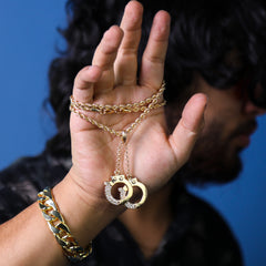 Cz Handcuffs Pendant 18K 24" Rope Chain Hip Hop Jewelry