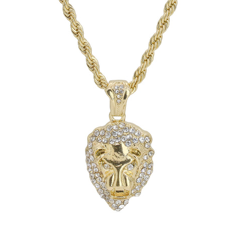 Cz Lion Face Pendant 24" Rope Chain Hip Hop 18k Jewelry