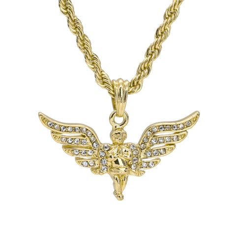 Cz Long Wing Angel Pendant 24" Rope Chain Hip Hop Style 18k Gold Plated