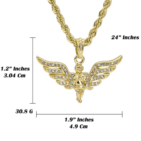 Cz Long Wing Angel Pendant 24" Rope Chain Hip Hop Style 18k Gold Plated