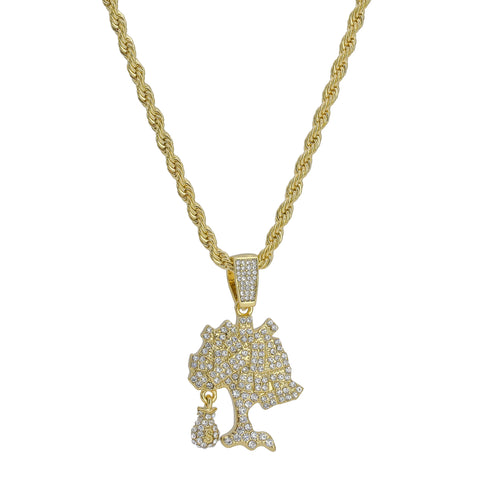 Cz Money Tree Pendant 24" Rope Chain Men's 18k Gold Plated Jewelry