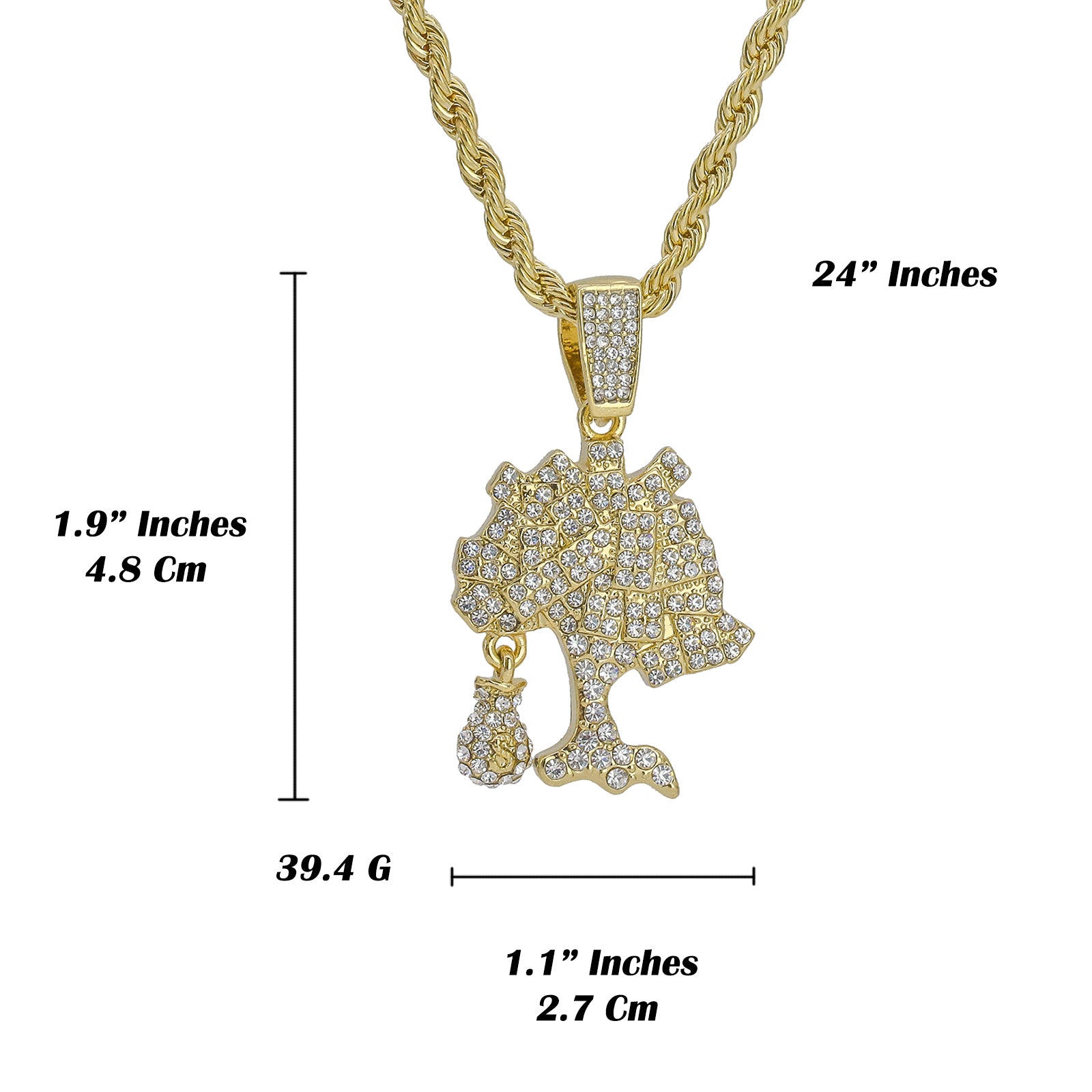 Cz Money Tree Pendant 24" Rope Chain Men's 18k Gold Plated Jewelry