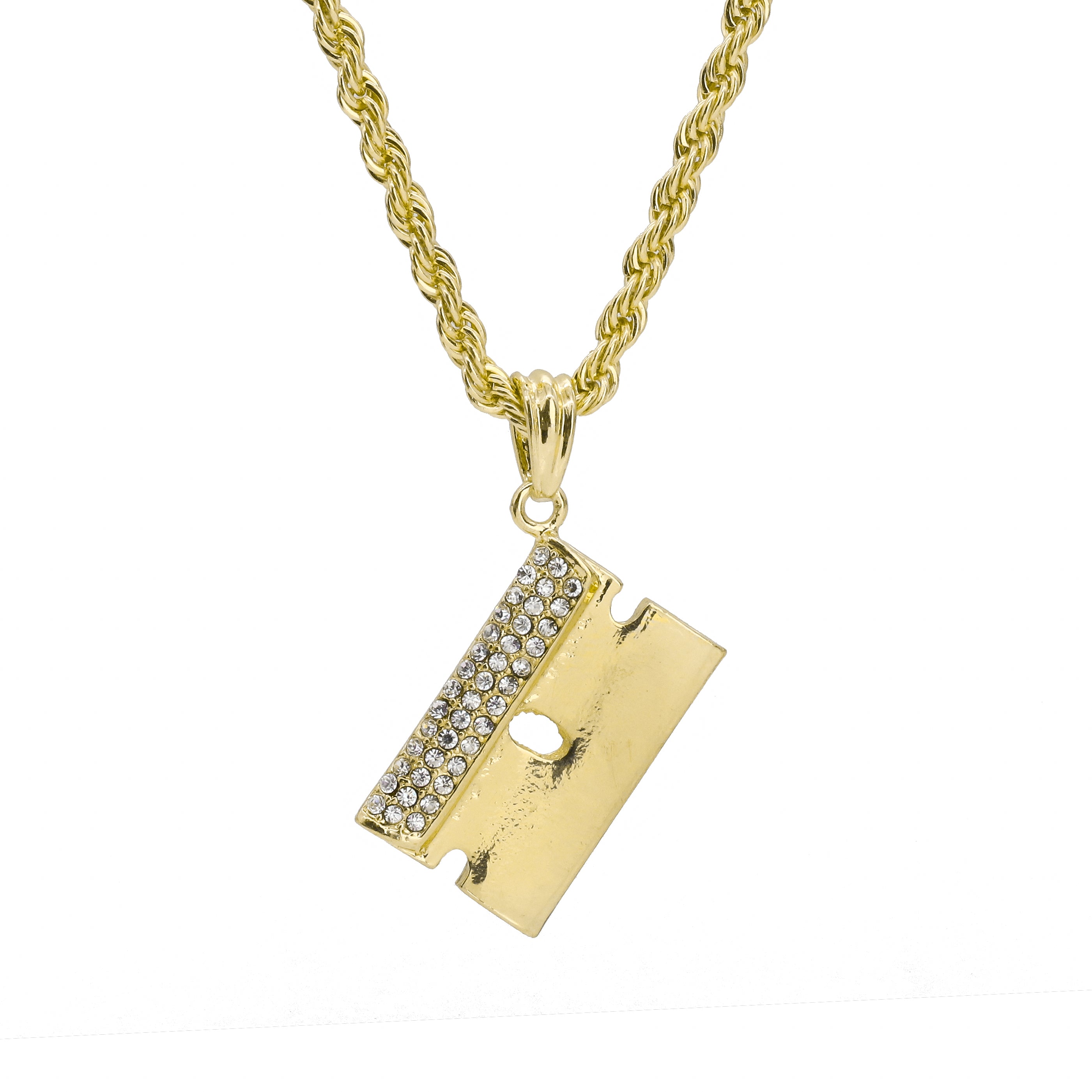 Cz Razor Pendant 24" Rope Chain Hip Hop Style 18k Gold Plated