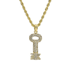 Cz Skeleton Key Pendant 24" Rope Chain Hip Hop Style 18k Gold Plated