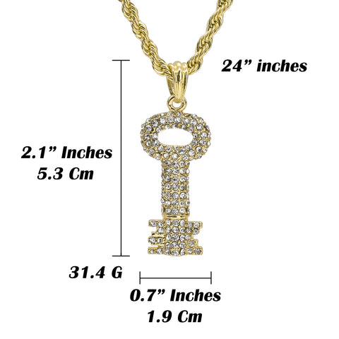 Cz Skeleton Key Pendant 24" Rope Chain Hip Hop Style 18k Gold Plated