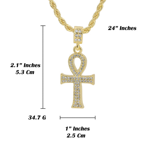 Skinny Cz Ankh Pendant 24" Rope Chain Hip Hop 18k Jewelry