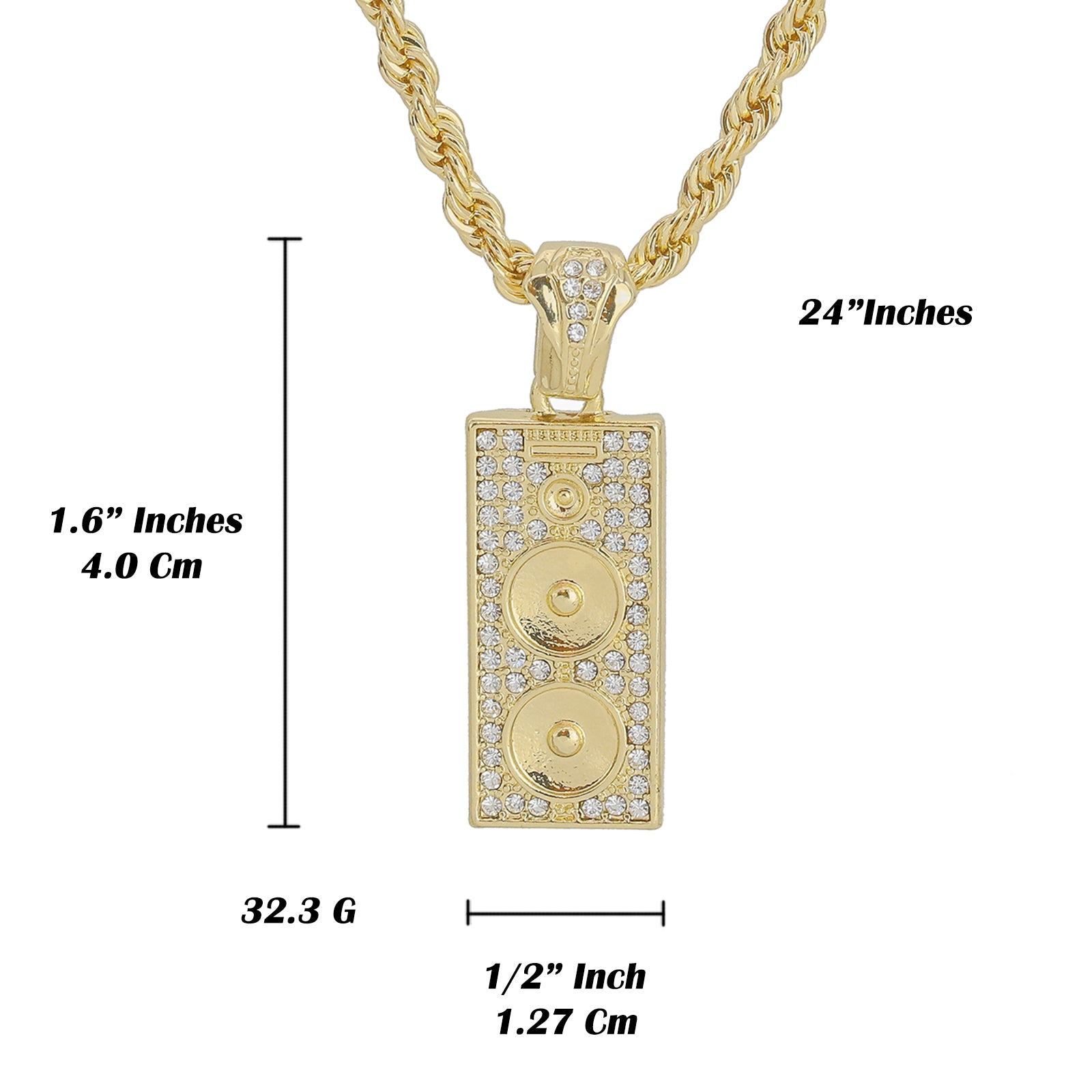 Cz Speaker Pendant 4mm 24" Rope Chain 18k Gold Plated