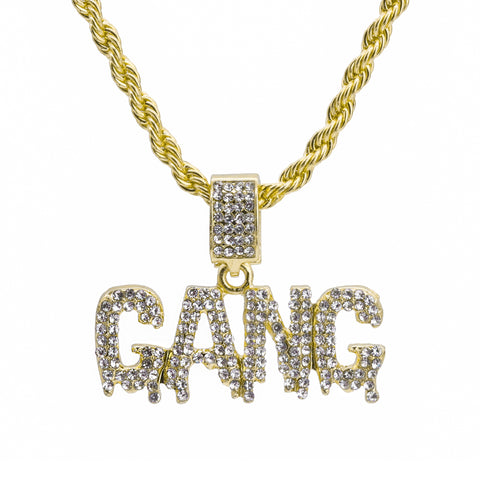 Drip Gang Word Pendant 24" Rope Chain Hip Hop Style 18k Gold Plated