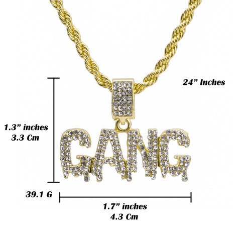 Drip Gang Word Pendant 24" Rope Chain Hip Hop Style 18k Gold Plated