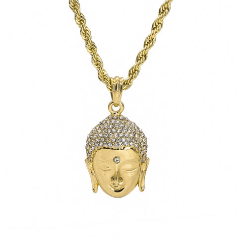 Forehead Stone Cz Buddha Pendant 24" Rope Chain Hip Hop Style 18k Gold Plated