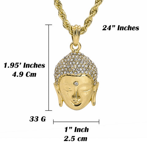 Forehead Stone Cz Buddha Pendant 24" Rope Chain Hip Hop Style 18k Gold Plated