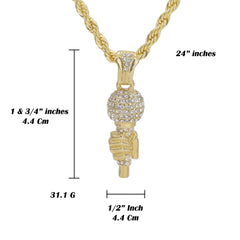 Hand On Microphone Pendant 4mm 24" Rope Chain 18k Gold Plated