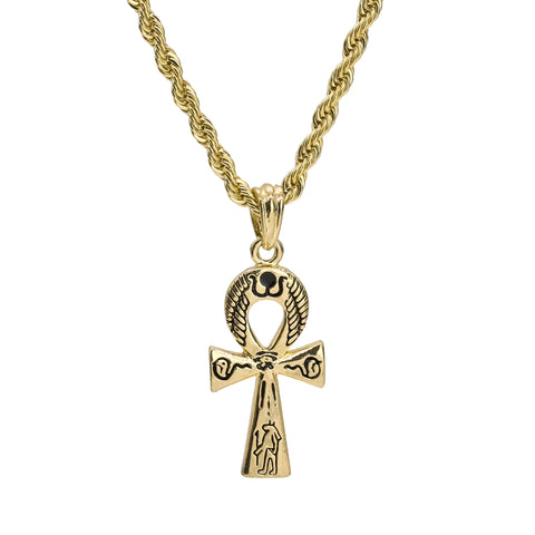 Hieroplyphs Ankh Pendant 24" Rope Chain Hip Hop Style 18k Gold Plated Necklace