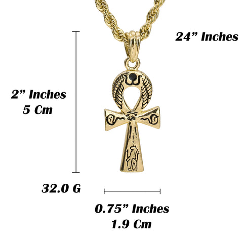 Hieroplyphs Ankh Pendant 24" Rope Chain Hip Hop Style 18k Gold Plated Necklace