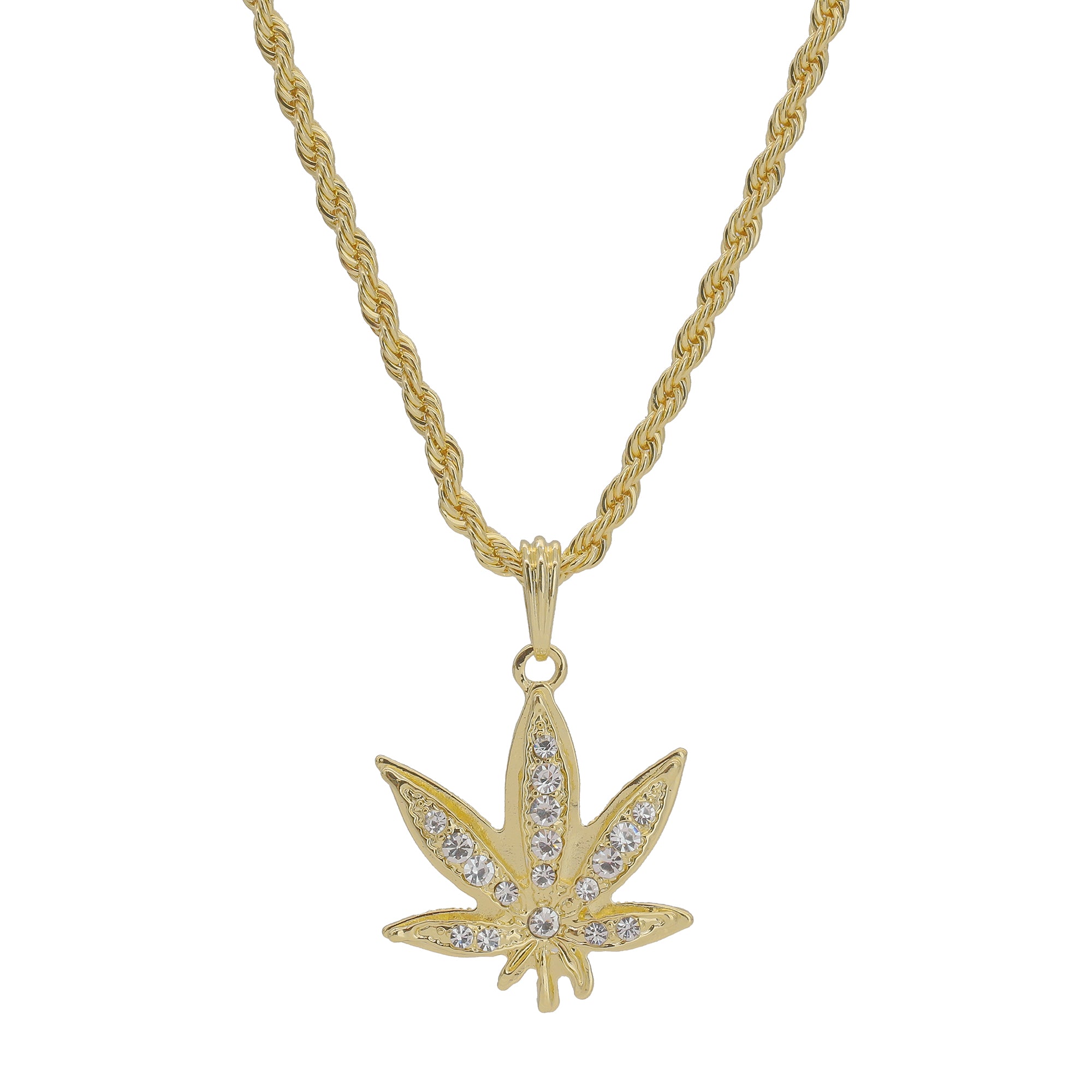 Hollow Weed Leaf Pendant 24" Rope Chain Men's 18k Gold Plated Jewelry