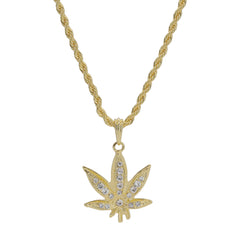 Hollow Weed Leaf Pendant 24" Rope Chain Men's 18k Gold Plated Jewelry
