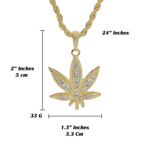 Hollow Weed Leaf Pendant 24" Rope Chain Men's 18k Gold Plated Jewelry