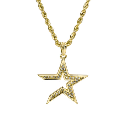 Hollow Middle Star Pendant 24" Rope Chain Hip Hop Style 18k Gold Plated