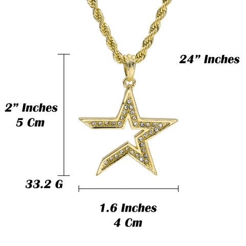Hollow Middle Star Pendant 24" Rope Chain Hip Hop Style 18k Gold Plated