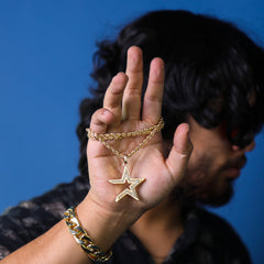 Hollow Middle Star Pendant 24" Rope Chain Hip Hop Style 18k Gold Plated