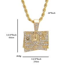 $100 Dollar Stack Pendant 24" Rope Chain Hip Hop 18k Jewelry