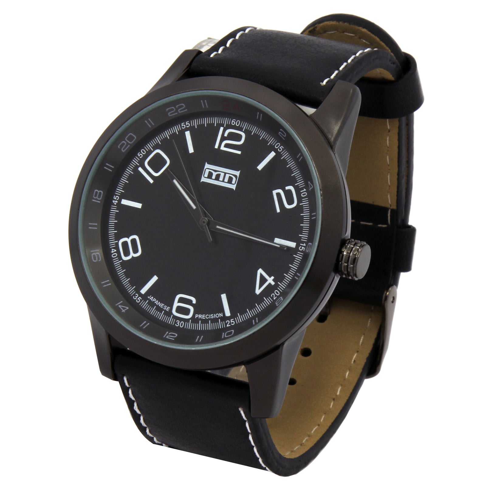 MN Black Leather Band Watch