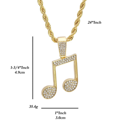 Music Note Pendant 24" Rope Chain Hip Hop 18k Jewelry