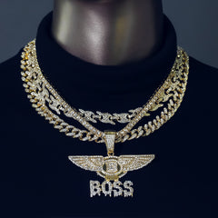 Wing Boss Drip Cz 4 Pcs Set Puffy Mariner Chain, Tennis Chain & Miami Cuban Chain Bundle Gold PT