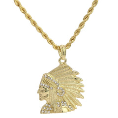 14k Gold Plated Hip-Hop Cz Indian Head Pendant 20" Choker Rope Chain Necklace