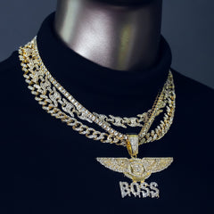 Wing Boss Drip Cz 4 Pcs Set Puffy Mariner Chain, Tennis Chain & Miami Cuban Chain Bundle Gold PT