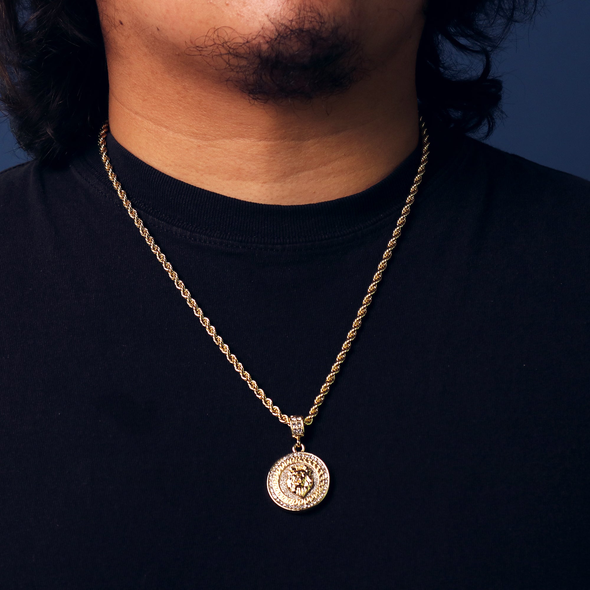 Lion Stardust Coin Pendant 24" Rope Chain Men's Hip Hop 18k Jewelry