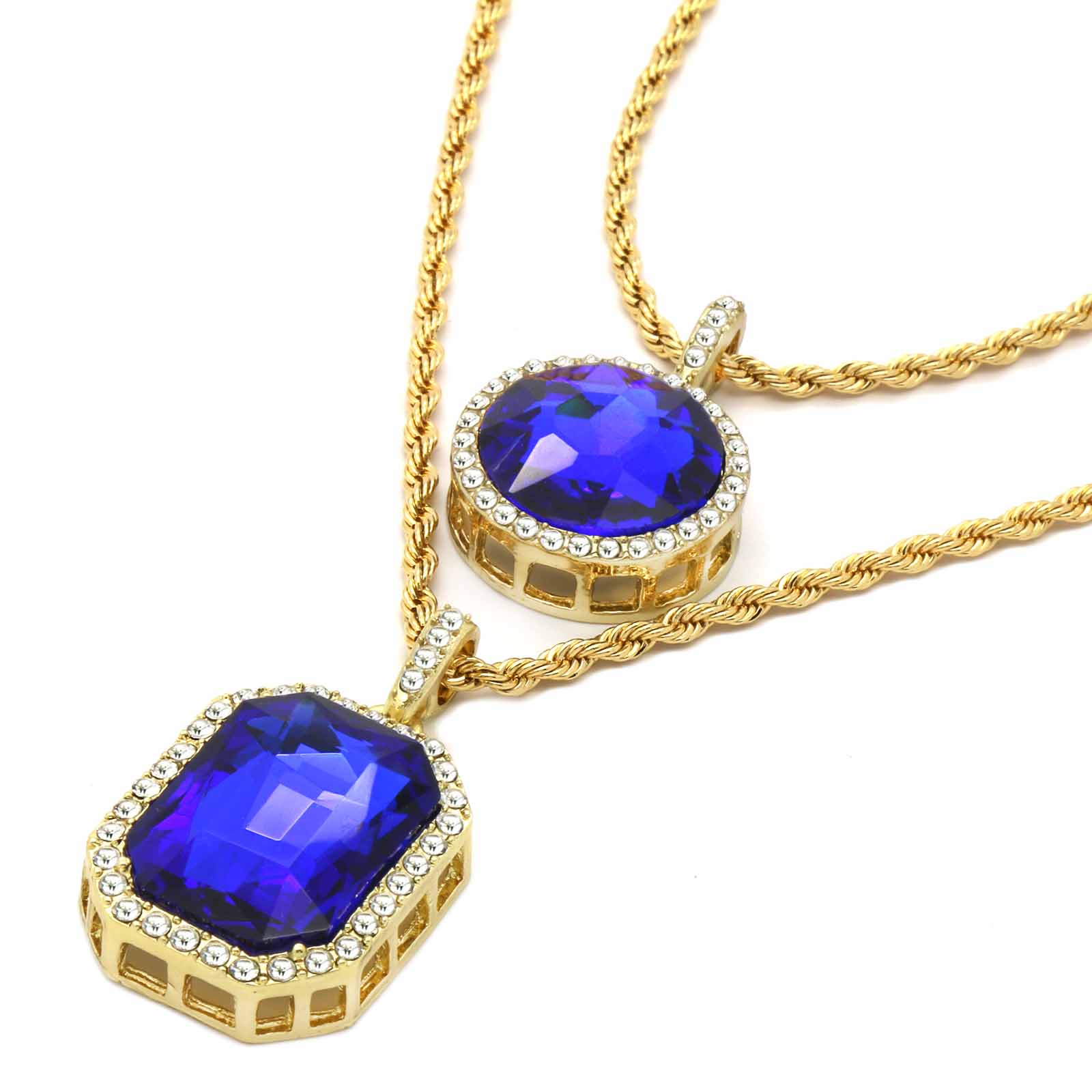 2 BLUE SAPPHIRE PENDANT WITH CUBAN CHAIN
