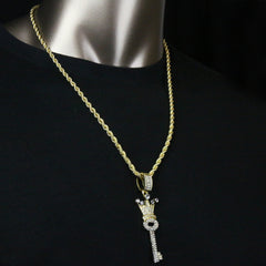 Cz Crown Key Pendant 24"Inch 4mm Rope Chain