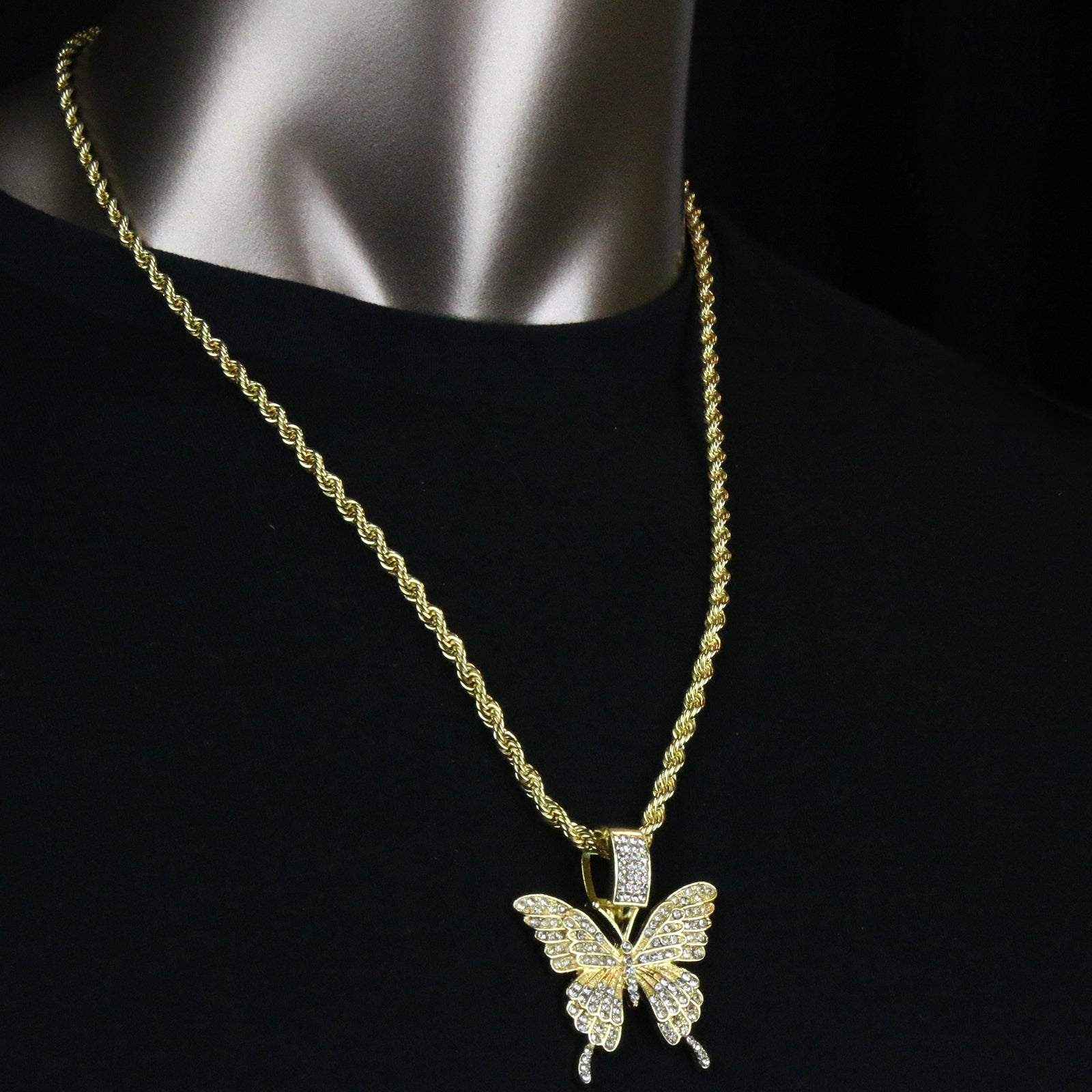 Cz Butterfly Pendant 24"Inch 4mm Rope Chain