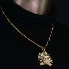 14k Gold Plated Hip-Hop Cz Indian Head Pendant 20" Choker Rope Chain Necklace