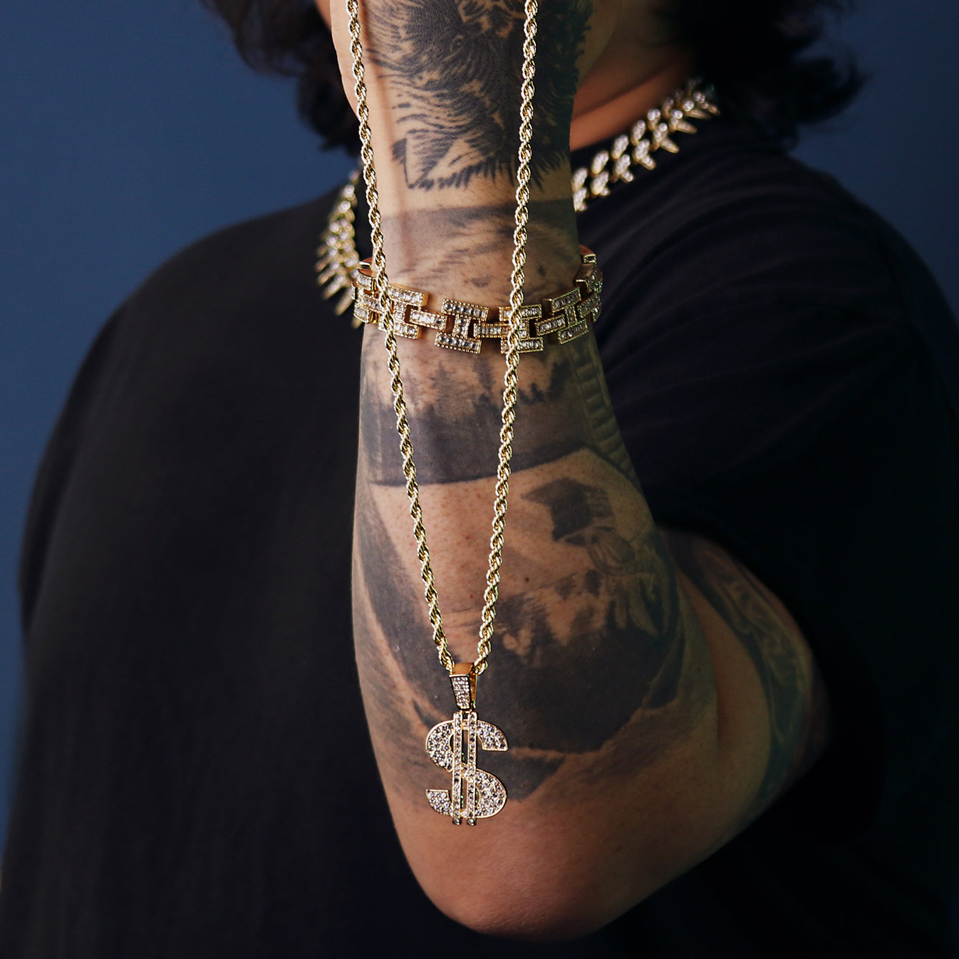 Mula Money Sign Pendant 24" Rope Chain Men's Hip Hop 18k Jewelry