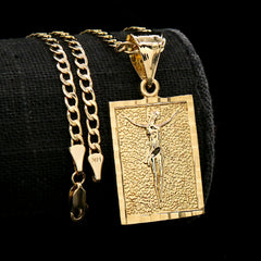 Square Jesus Diamond Cut Pendant Cuban Choker Chain 14k Gold Plated